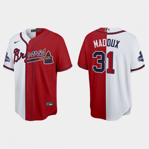 Atlanta Atlanta Braves #31 Greg Maddux Men’s Nike 2021 World Series Champions Split Red White MLB Stitched Jersey Men’s