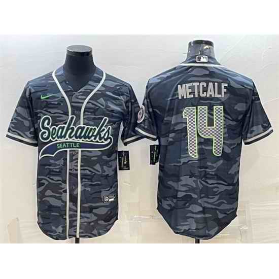 Men Seattle Seahawks #14 DK Metcalf Grey Camo With Patch Cool Base Stitched Baseball Jersey