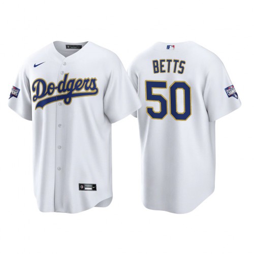 Los Angeles Los Angeles Dodgers #50 Mookie Betts Men’s Nike 2021 Gold Program World Series Champions MLB Jersey Whtie Men’s