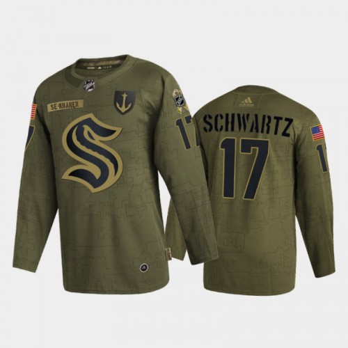 Seattle Seattle Kraken #17 Jaden Schwartz Men’s Adidas Veterans Day 2022 Military Appreciation NHL Jersey – Olive Men’s