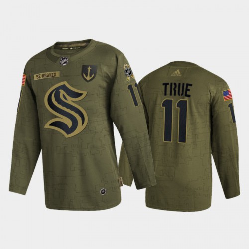 Seattle Seattle Kraken #11 Alexander True Men’s Adidas Veterans Day 2022 Military Appreciation NHL Jersey – Olive Men’s