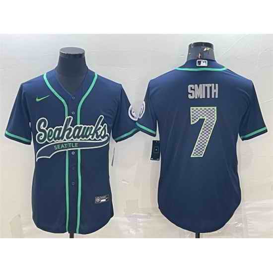 Men Seattle Seahawks #7 Geno Smith Navy With Patch Cool Base Stitched Baseball Jersey