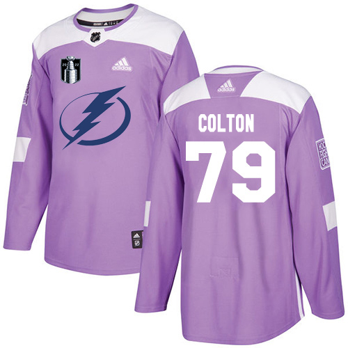 Adidas Tampa Bay Lightning #79 Ross Colton Purple Authentic 2022 Stanley Cup Final Patch Fights Cancer Stitched NHL Jersey Men’s