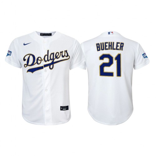 Los Angeles Los Angeles Dodgers #21 Walker Buehler Youth Nike 2021 Gold Program World Series Champions MLB Jersey Whtie Youth