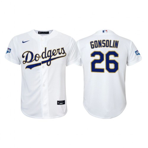 Los Angeles Los Angeles Dodgers #26 Tony Gonsolin Youth Nike 2021 Gold Program World Series Champions MLB Jersey Whtie Youth