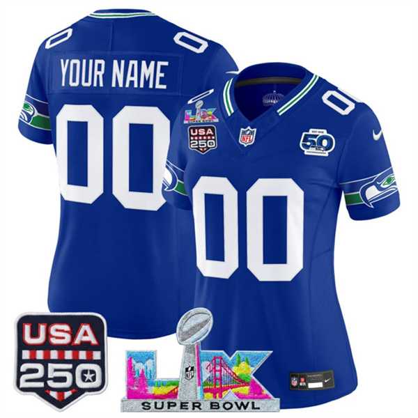 Women%27s Seattle Seahawks Active Player Custom Royal 2025 F.U.S.E. Super Bowl LX Patch And 50th Season & USA 250%27 Patch Vapor Throwback Limited Stitched Jersey