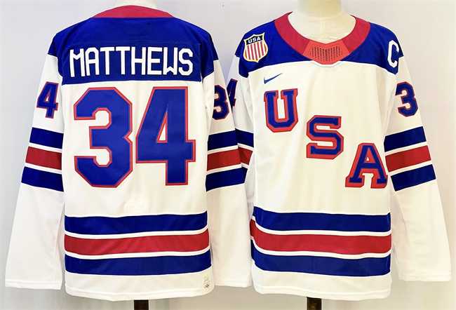 Men%27s USA #34 Auston Matthews White 2025-2026 With C Patch Stitched Jersey