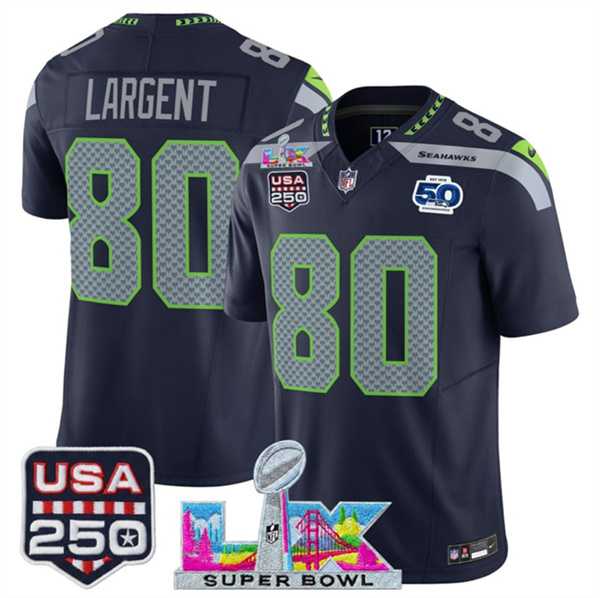 Men%27s Seattle Seahawks #80 Steve Largent Navy 2025 F.U.S.E. Super Bowl LX Patch And 50th Season & USA 250%27 Patch Vapor Limited Stitched Jersey