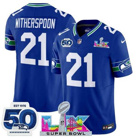 Men%27s Seattle Seahawks #21 Devon Witherspoon Royal 2025 F.U.S.E. Super Bowl LX Patch And 50th Season Patch Vapor Throwback Limited Stitched Jersey