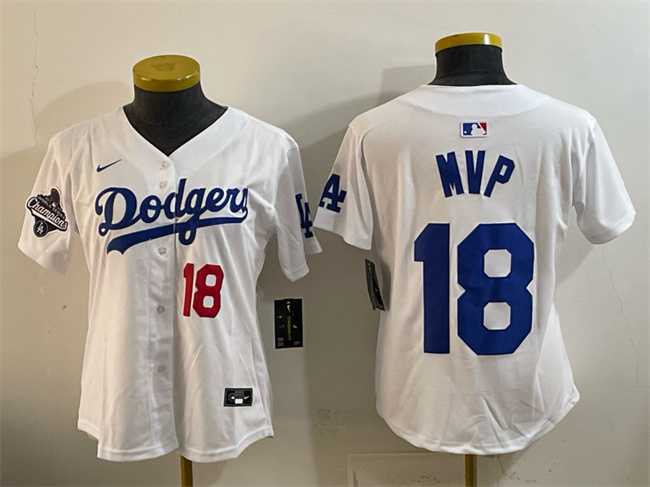 Women%27s Los Angeles Dodgers #18 MVP White 2025 World Series Champions Patch Limited Stitched Jersey Dzhi