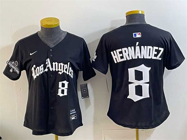Women%27s Los Angeles Dodgers #8 Enrique Hernandez Black 2025 World Series Champions LA Gothic Edition Limited Stitched Jersey Dzhi