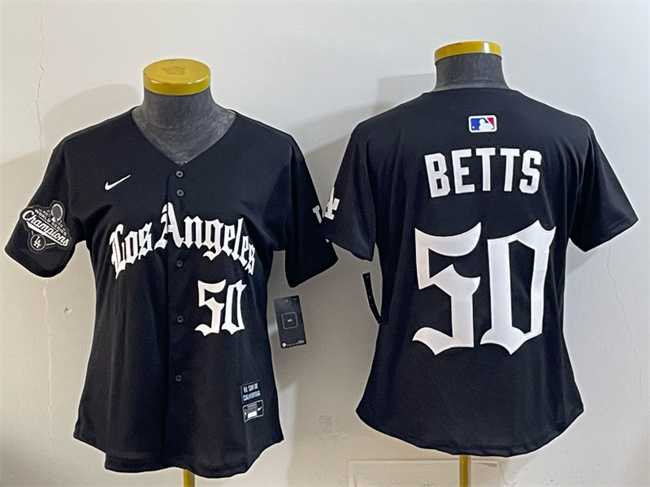 Women%27s Los Angeles Dodgers #50 Mookie Betts Black 2025 World Series Champions LA Gothic Edition Limited Stitched Jersey Dzhi