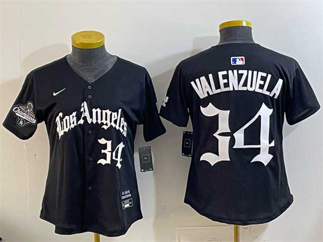 Women%27s Los Angeles Dodgers #34 Fernando Valenzuela Black 2025 World Series Champions LA Gothic Edition Limited Stitched Jersey Dzhi
