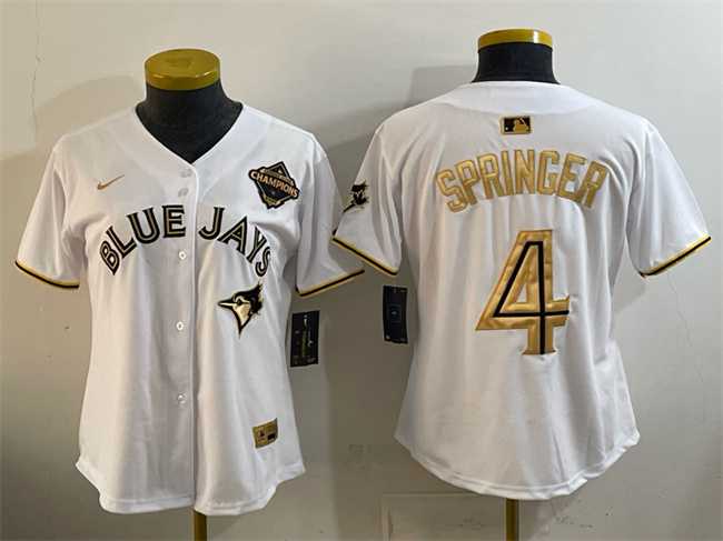 Women%27s Toronto Blue Jays #4 George Springer White Gold 2025 American League Champions Limited Stitched Jersey Dzhi