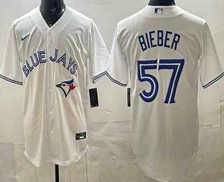 Men%27s Toronto Blue Jays #57 Shane Bieber White Cool Base Jersey