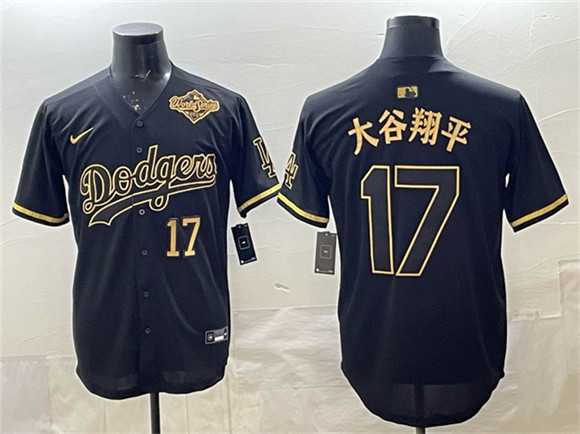 Men%27s Los Angeles Dodgers #17 Shohei Ohtani Black Gold 2025 World Series Patch Limited Stitched Jersey Dzhi