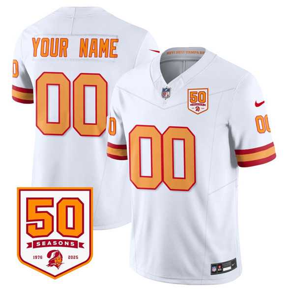 Men%27s Tampa Bay Buccaneers Active Player Custom White 2025 F.U.S.E. 50th Anniversary Patch Vapor Limited Football Stitched Jersey