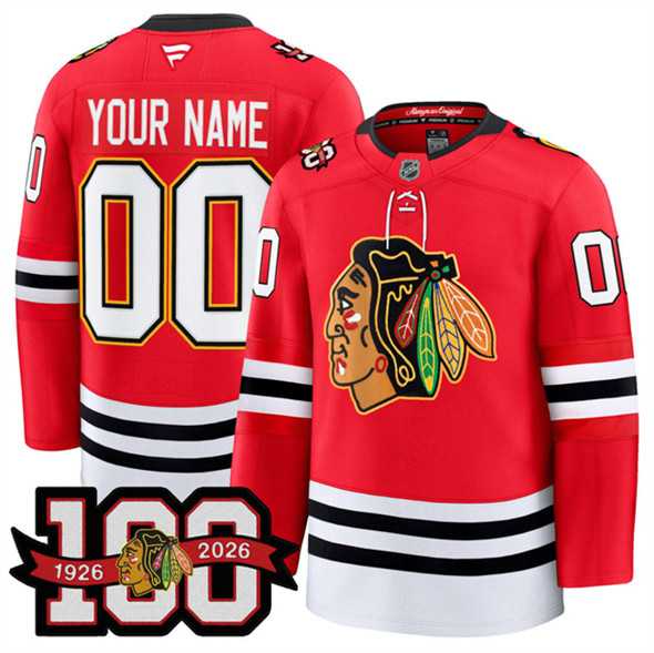 Men%27s Chicago Blackhawks Active Player Custom Red 2025 Home 100th Anniversary Stitched Hockey Jersey