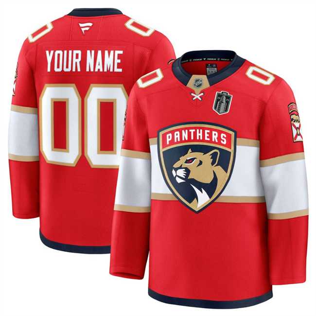 Men%27s Florida Panthers Custom Red 2025 Stanley Cup Final Patch Stitched Hockey Jersey