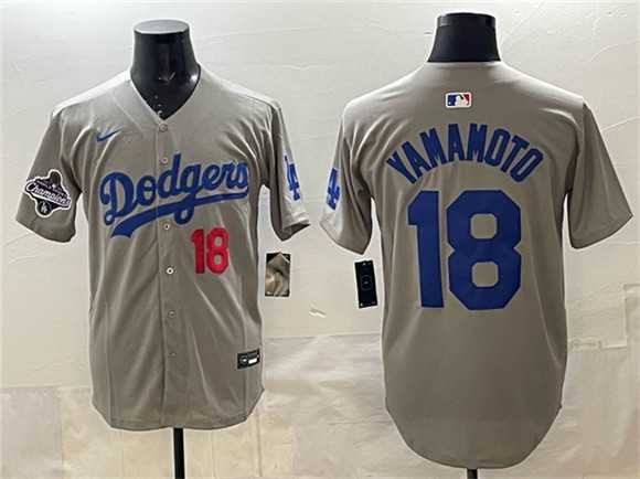 Men%27s Los Angeles Dodgers #18 Yoshinobu Yamamoto Gray 2025 World Series Champions Patch Stitched Jersey