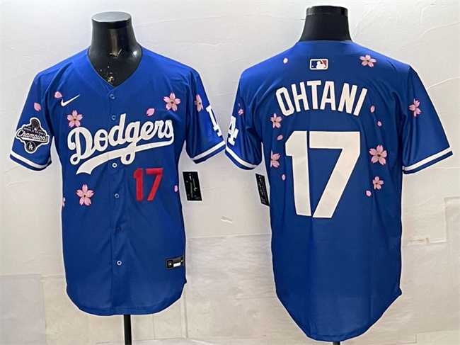 Men%27s Los Angeles Dodgers #17 Shohei Ohtani Royal 2025 World Series Champions Patch Tokyo Series Limited Stitched Jersey