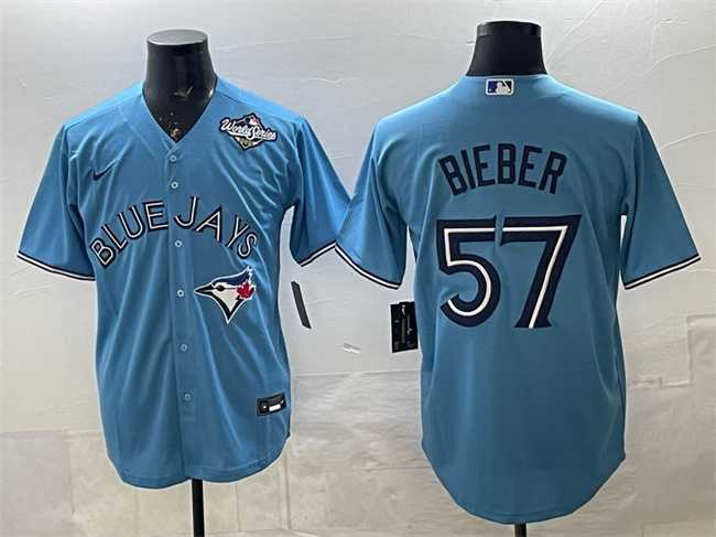 Men%27s Toronto Blue Jays #57 Shane Bieber Blue 2025 World Series Cool Base Stitched Jersey