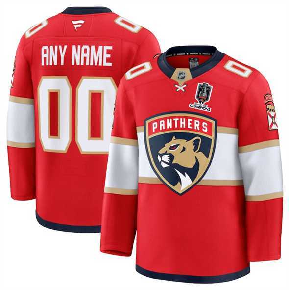 Men%27s Florida Panthers Custom Red Home 2025 Stanley Cup Champions Patch Stitched Jersey