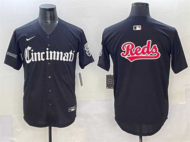Men%27s Cincinnati Reds Team Big Logo Black %27Gothic Queen City Edition%27 Vapor Premier Limited Stitched Baseball Jersey