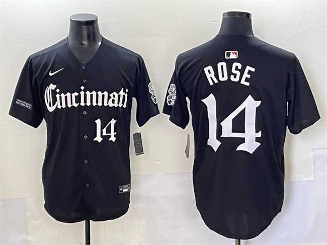 Men%27s Cincinnati Reds #14 Pete Rose Black %27Gothic Queen City Edition%27 Vapor Premier Limited Stitched Baseball Jersey