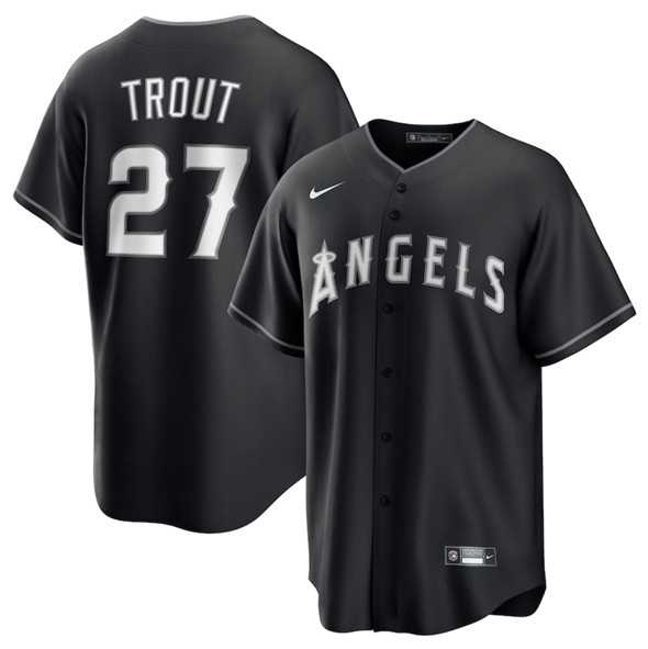 Men%27s Los Angeles Angels #27 Mike Trout Black Lights Out Limited Stitched Baseball Jersey Dzhi