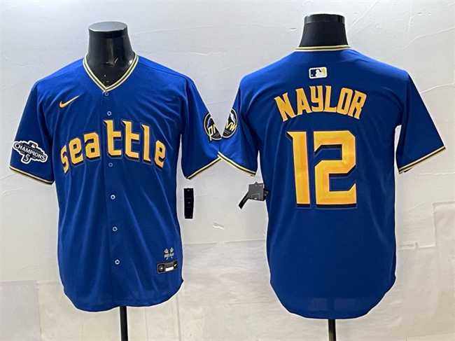 Men%27s Seattle Mariners #12 Josh Naylor Royal With 2025 AL West Division Champions Patch Limited Stitched jersey