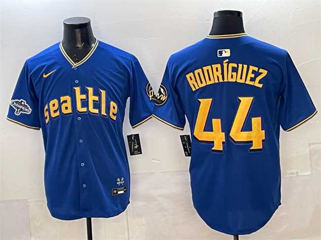 Men%27s Seattle Mariners #44 Julio Rodriguez Royal With 2025 AL West Division Champions Patch City Connect Limited Stitched Jersey