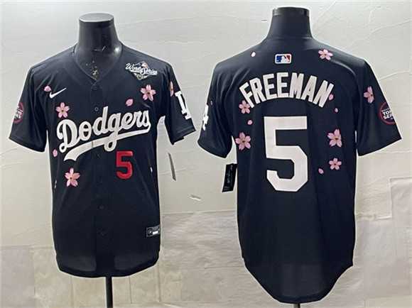 Men%27s Los Angeles Dodgers #5 Freddie Freeman Black 2025 World Series Patch Tokyo Series Limited Stitched Jersey