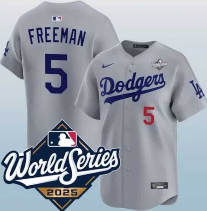 Men%27s Los Angeles Dodgers #5 Freddie Freeman Gray 2025 World Series Limited Stitched Jersey