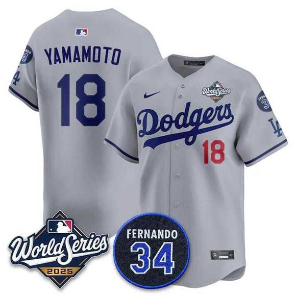 Men%27s Los Angeles Dodgers #18 Yoshinobu Yamamoto Gray 2025 World Series With No. 34 Patch Limited Stitched Jersey