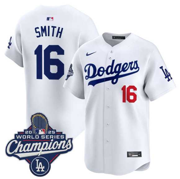 Men%27s Los Angeles Dodgers #16 Will Smith White 2025 Champions Stitched Jersey