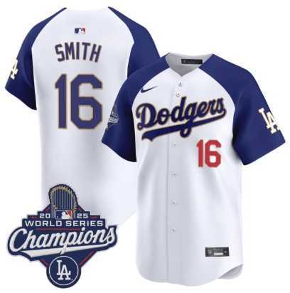 Men%27s Los Angeles Dodgers #16 Will Smith White Blue 2025 Champions Stitched Jersey