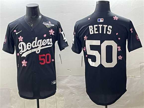Men%27s Los Angeles Dodgers #50 Mookie Betts Black 2025 World Series Patch Tokyo Series Limited Stitched Jersey
