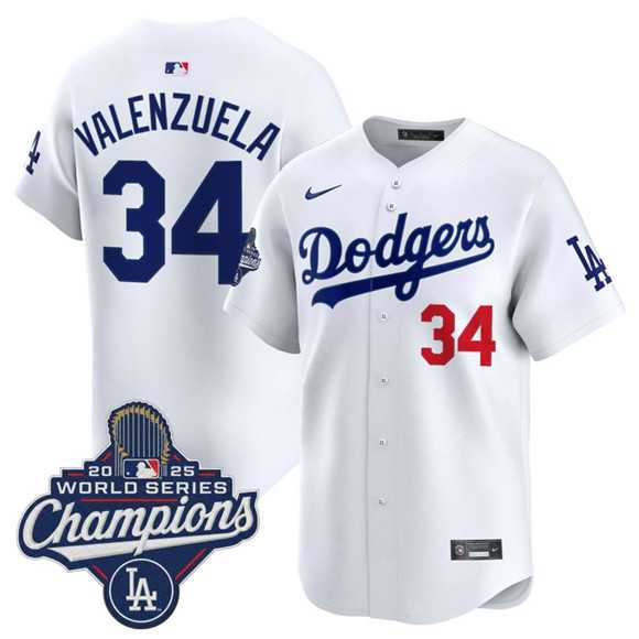 Men%27s Los Angeles Dodgers #34 Fernando Valenzuela White 2025 Champions Stitched Jersey