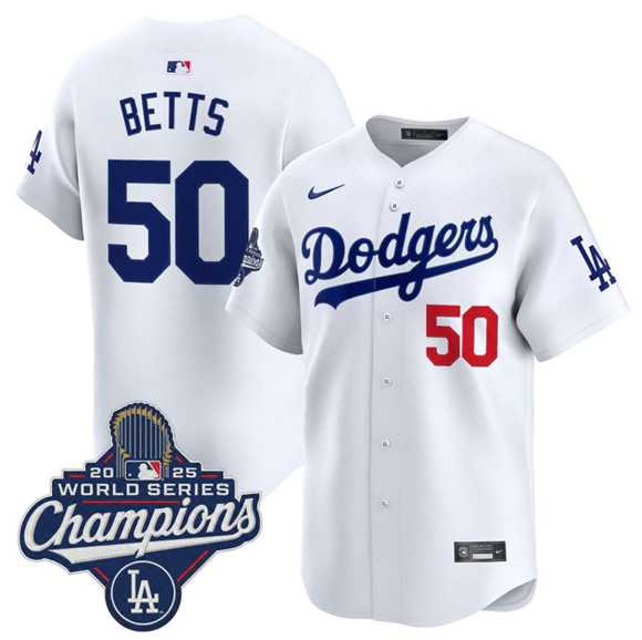 Men%27s Los Angeles Dodgers #50 Mookie Betts White 2025 Champions Stitched Jersey