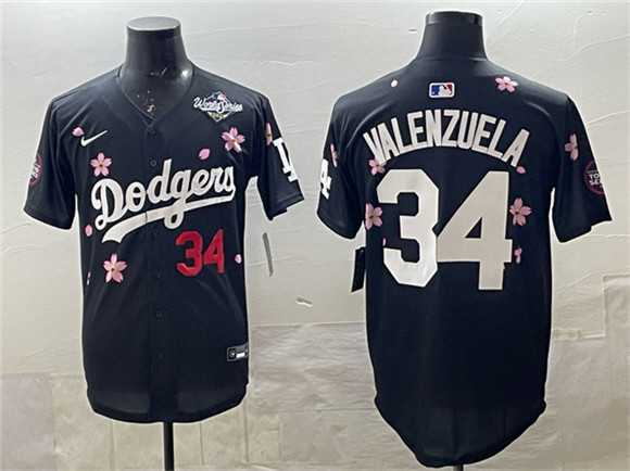 Men%27s Los Angeles Dodgers #34 Fernando Valenzuela Black 2025 World Series Patch Tokyo Series Limited Stitched Jersey