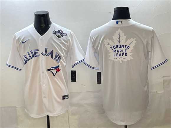 Men%27s Toronto Blue Jays & Leafs White 2025 World Series With White Leafs Logo Cool Base Stitched Jersey