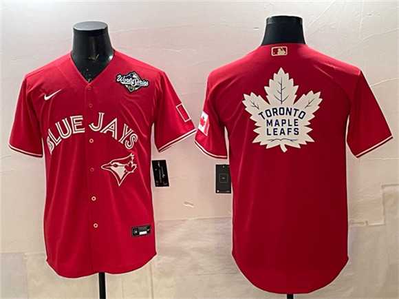 Men%27s Toronto Blue Jays & Leafs Red 2025 World Series With White Leafs Logo Cool Base Stitched Jersey