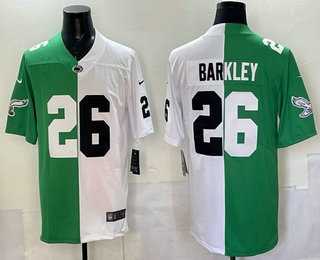 Men%27s Penn State Nittany Lions #26 Saquon Barkley Green White Split Vapor Jersey Dzhi