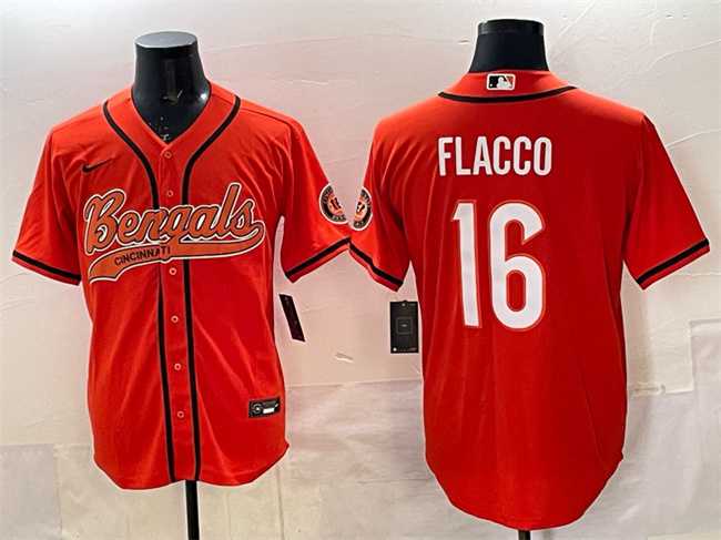 Men%27s Cincinnati Bengals #16 Joe Flacco Orange With Patch Cool Base Stitched Baseball Jersey