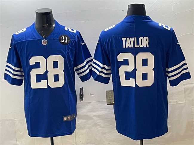 Men%27s Indianapolis Colts #28 Jonathan Taylor Blue Jim Irsay Patch Vapor Limited Stitched Jersey Dzhi