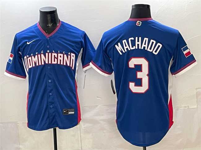 Men%27s Dominican Republic Baseball #3 Manny Machado Royal 2026 World Baseball Classic Road Stadium Stitched Jersey