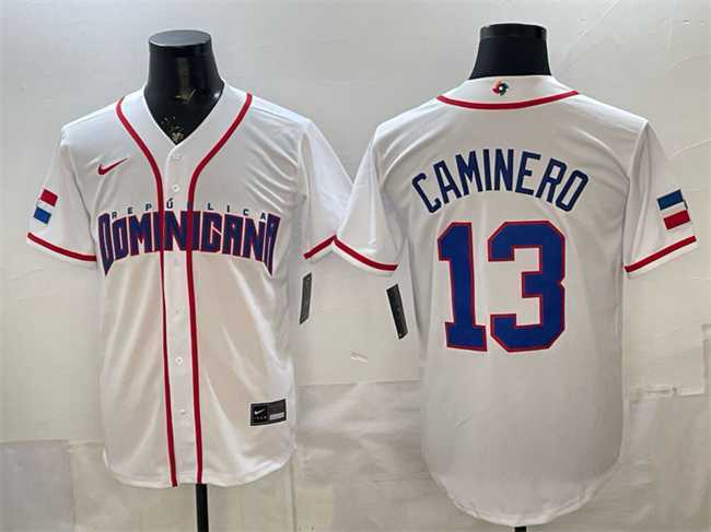 Men%27s Dominican Republic Baseball #13 Junior Caminero White 2026 World Baseball Classic Home Stadium Stitched Jersey