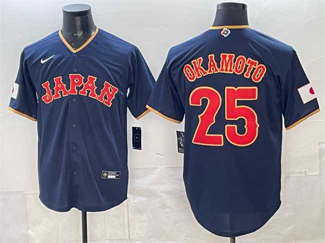 Men%27s Japan Baseball #25 Kazuma Okamoto Navy 2026 World Baseball Classic Road Stadium Stitched Jersey
