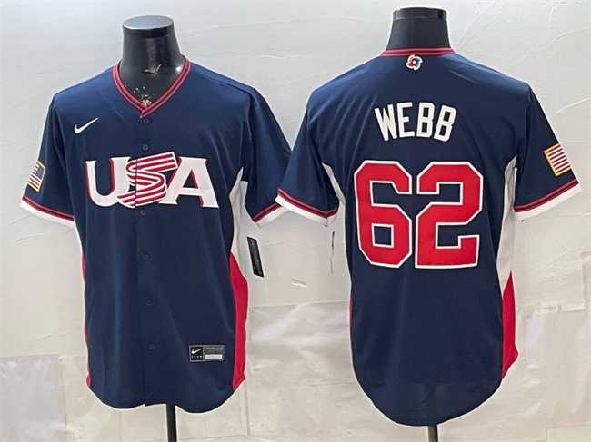 Men%27s USA Baseball #62 Logan Webb Navy 2026 World Baseball Classic Road Stadium Stitched Jersey